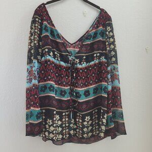 Eyeshadow Top Womens L Multicolor Flowy Semi Sheer Long Sleeve Tie front Boho